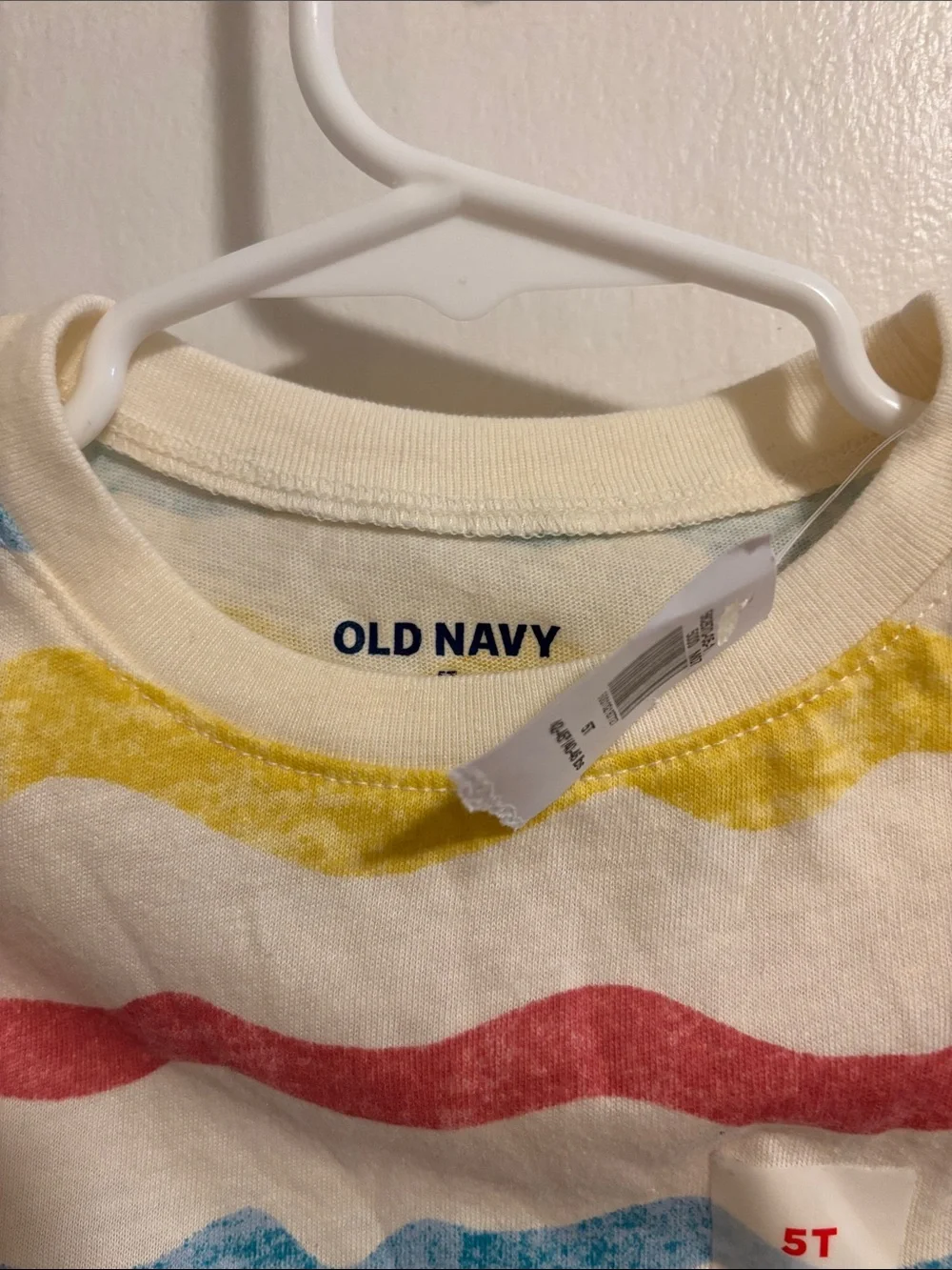 NWT 5T Old Navy White Short Sleeve Tee with Red, Blue & Yellow Wave Stripes